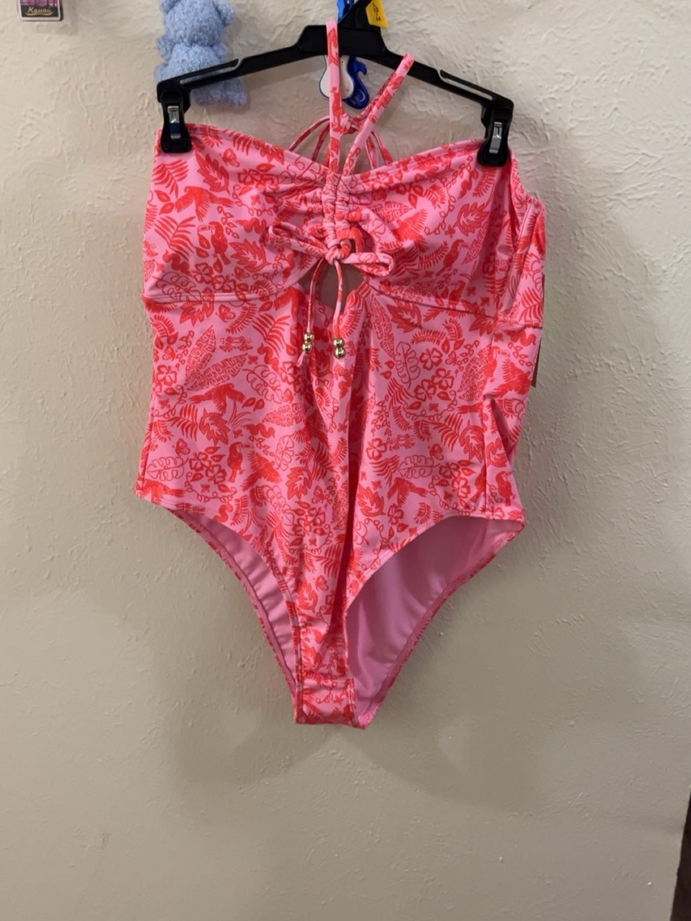 Pink Tropical One-Piece Swimsuit with Lace-Up Front